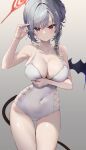 1girl alternate_costume arm_under_breasts arm_up armpits ass_visible_through_thighs bangs bare_arms bare_shoulders bat_wings blue_archive blush bow braid breast_hold breasts cameltoe cleavage closed_mouth collarbone commentary_request covered_navel cowboy_shot demon_girl demon_tail demon_wings gradient gradient_background grey_background grey_hair groin hair_between_eyes hair_bow hair_bun hair_ribbon halo halterneck hand_up harenchi haruna_(blue_archive) highleg highleg_swimsuit highres large_breasts looking_at_viewer one-piece_swimsuit raised_eyebrows red_eyes ribbon side_cutout sidelocks simple_background single_wing skin_tight smile solo standing sweat swimsuit tail thigh_gap thighs wings yellow_bow 
