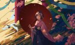  1girl animal axis_powers_hetalia bird black_hair bob_cut branch catching cherry_blossoms cowboy_shot crane_(animal) dappled_sunlight floral_print flower genderswap genderswap_(mtf) hair_flower hair_ornament hakama hakama_skirt highres holding holding_umbrella japan_(hetalia) japanese_clothes long_sleeves looking_at_viewer looking_to_the_side oil-paper_umbrella parted_lips petals pillar pink_flower purple_hair ribbon short_hair skirt solo standing sunlight umbrella visible_air wide_sleeves wind yellow_eyes yellow_flower zhongerweiyuan 