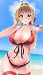  1girl absurdres ahoge beach bikini blonde_hair blue_sky blush breasts cloud collarbone dermar fate/extra fate_(series) front-tie_top green_eyes hair_intakes hair_ribbon highres large_breasts looking_at_viewer navel nero_claudius_(fate) nero_claudius_(fate/extra) ocean outdoors red_bikini red_ribbon ribbon sky solo swimsuit thigh_strap 
