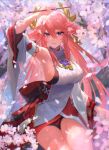  1girl animal_ears arm_up armpits bangs bare_shoulders branch breasts cherry_blossoms commentary cowboy_shot day earrings falling_petals floppy_ears floral_print flower_knot fox_ears genshin_impact gohei grin hair_between_eyes hair_ornament hakama hakama_skirt highres holding holding_gohei japanese_clothes jewelry juukyuuhyaku_(tsukuwo243) large_breasts long_hair long_sleeves nontraditional_miko outdoors parted_lips petals pink_hair purple_eyes red_skirt ribbon_trim shirt sideboob sidelocks sitting skirt sleeveless sleeveless_shirt smile solo tassel taut_clothes taut_shirt teeth thighs tree turtleneck very_long_hair white_shirt white_sleeves wide_sleeves yae_miko 