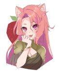  1girl :p animal_ears apple bracelet breasts brown_dress cleavage cleavage_cutout clothing_cutout cropped_torso curtained_hair dress food fox_ears fox_girl fruit fruit_background hair_between_eyes hajimari_no_kioku hand_to_own_mouth highres jewelry karamomo_(krmmap) long_hair looking_at_viewer phruity pink_eyes pink_hair short_sleeves simple_background slit_pupils solo tongue tongue_out upper_body white_background 