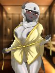  absol anthro bathroom big_breasts blush bodily_fluids bottomless breasts clothed clothing female fredory generation_3_pokemon genital_fluids genitals hi_res looking_at_viewer nintendo open_mouth pokemon pokemon_(species) pokemorph pussy pussy_juice solo thick_thighs video_games white_body 