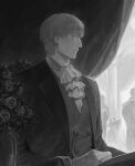  1boy absurdres ascot axis_powers_hetalia bangs buttons closed_mouth curtains double-breasted flower formal gloves greyscale highres jacket looking_away male_focus monochrome profile rose russia_(hetalia) short_hair solo_focus uka402 upper_body vase vest 