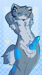  2022 2:3 anthro armpit_hair balls blue_eyes blue_penis blush body_hair circle digital_media_(artwork) dotted_background fedsexual fluffy fluffy_tail fur genitals gootraxian grey_body grey_fur hi_res humanoid inner_ear_fluff jammer_(kaiju_paradise) kaiju_paradise knot leg_markings male markings nude nude_male pattern_background penis penis_focus portrait presenting presenting_penis shaded short_tail simple_background solo solo_focus star thick_thighs thigh_markings tuft watermark 