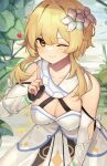  1girl blonde_hair breasts cleavage collarbone detached_sleeves dress flower genshin_impact hair_flower hair_ornament heart index_finger_raised lumine_(genshin_impact) medium_breasts one_eye_closed short_hair_with_long_locks smile solo tagme takasumikei white_dress yellow_eyes 