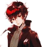  1boy amamiya_ren bangs black_coat coat grey_vest hair_between_eyes highres looking_at_viewer lor_(roasyerizyonirapi) male_focus open_clothes open_coat parted_lips persona persona_5 red_eyes red_hair short_hair simple_background smile solo upper_body vest white_background 