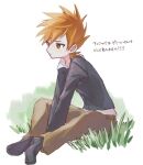  1boy black_footwear black_jacket blue_oak boots brown_eyes brown_pants closed_mouth from_side grass jacket male_focus orange_hair own_hands_together pants pokemon pokemon_(game) pokemon_hgss short_hair sitting solo spiked_hair sumeragi1101 translation_request 