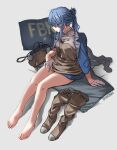  1girl bag barefoot blue_hair boots boots_removed breasts censored ergot feet gloves gotland_(kancolle) hair_over_eyes half_gloves highres kantai_collection large_breasts long_hair mosaic_censoring ponytail shoes shoes_removed shoulder_bag sitting thigh_boots toes white_gloves 