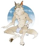  2022 animal_crossing anthro asian_clothing athletic athletic_anthro athletic_male biped black_pawpads bulge canid canine canis claws clothed clothing digital_media_(artwork) digitigrade dobie_(animal_crossing) dragondrawer east_asian_clothing eyes_closed finger_claws fundoshi fundoshi_only fur hi_res japanese_clothing male mammal mature_anthro mature_male nintendo nipples pawpads paws sitting solo tan_body tan_fur toe_claws underwear underwear_only video_games wolf 