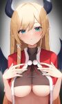  1girl bangs blonde_hair blue_eyes blush breasts cleavage closed_mouth demon_horns demon_wings hands_on_own_chest hands_up highres hololive horns large_breasts long_hair looking_at_viewer pointy_ears simple_background solo thomas_8000 underboob upper_body virtual_youtuber wings yuzuki_choco 