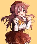  1girl :3 animal_ears artist_name beret blush bone_hair_ornament bow bowtie braid brown_capelet brown_hair capelet cartoon_bone center_frills claw_pose cowboy_shot dog_ears dog_girl frilled_shirt frilled_shirt_collar frills hair_between_eyes hair_bow hair_ornament hair_over_shoulder hands_up hat high-waist_skirt highres hololive inugami_korone long_hair long_sleeves looking_at_viewer low_twin_braids miniskirt official_alternate_costume open_mouth paw_ornament plaid plaid_bow plaid_bowtie red_eyes red_headwear red_skirt seion shirt skirt smile solo twin_braids virtual_youtuber white_shirt yellow_background yellow_bow yellow_bowtie 