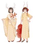  2girls absurdres antlers axis_powers_hetalia bangle bangs black_hair blush bob_cut bracelet brown_hair china_(hetalia) china_dress chinese_clothes chinese_new_year double_bun dress flats flower full_body furisode genderswap genderswap_(mtf) grey_footwear hair_bun hair_flower hair_ornament hairband hand_on_hip highres horn_ornament horns japan_(hetalia) japanese_clothes jewelry kimono lantern long_sleeves multiple_girls new_year paper_lantern pinching_sleeves red_flower red_footwear shawl short_hair side_slit simple_background sleeves_past_elbows smile standing tassel tassel_hair_ornament tea_(candyfoxx) toggles updo white_background wide_sleeves yellow_dress yellow_kimono zouri 