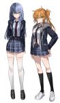  2girls absurdres aoyagi_touya black_footwear black_socks blazer blonde_hair blue_hair blue_skirt breasts chu_yeon diagonal-striped_necktie full_body genderswap genderswap_(mtf) green_eyes grey_eyes grey_jacket highres jacket kamiyama_high_school_uniform_(project_sekai) large_breasts loafers long_hair long_sleeves looking_at_viewer multicolored_hair multiple_girls open_clothes open_jacket orange_hair plaid plaid_skirt pleated_skirt project_sekai school_uniform shinonome_akito shirt shirt_tucked_in shoes side_ponytail skirt sneakers socks split-color_hair streaked_hair thighhighs very_long_hair white_footwear white_shirt white_thighhighs 