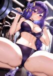  1girl bangs barbell bare_arms bare_shoulders black_choker blurry blurry_background blush breasts buruma choker cleavage commentary crop_top genshin_impact hair_between_eyes hands_up highres indoors large_breasts long_hair looking_at_viewer midriff navel purple_buruma purple_eyes purple_hair raiden_shogun shoes sneakers solo sports_bra spread_legs squatting squchan stomach strapless thick_thighs thighs very_long_hair 