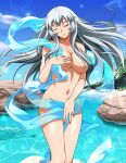  1girl blue_sky breasts chouun_shiryuu cleavage closed_eyes closed_mouth cloud collarbone day facing_viewer fine_art_parody floating_hair grey_hair groin hair_censor hair_over_breasts head_tilt ikkitousen large_breasts lens_flare long_hair navel nude outdoors parody shiny shiny_hair shiny_skin sky smile solo sparkle straight_hair very_long_hair 