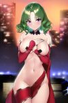  1girl ai-assisted bangs blush breasts city cityscape closed_mouth curly_hair eyebrows_hidden_by_hair eyes_visible_through_hair fate/grand_order fate_(series) green_hair grey_hair hand_on_own_chest highres large_breasts looking_at_viewer navel nude phaethonvt purple_eyes red_robe red_sleeves robe salome_(fate) short_hair stomach 