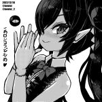  1girl artist_name backbeako backbeard bow bowtie closed_mouth dated dress english_commentary from_side gegege_no_kitarou gloves hair_over_one_eye hair_ribbon hands_up kono_lolicon_domome long_hair looking_at_viewer looking_to_the_side monochrome original own_hands_together pointy_ears ribbon simple_background sleeveless sleeveless_dress smile solo torotei translated twintails twitter_username white_background 
