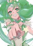  1girl absurdres bangs bow choker clenched_hand cure_march green_bow green_choker green_eyes green_theme grin highres long_hair magical_girl midorikawa_nao parted_bangs precure shipu_(gassyumaron) smile smile_precure! solo tri_tails 