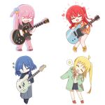  4girls :d ^_^ abae ahoge bangs black_shirt blonde_hair blue_hair blue_skirt blush bocchi_the_rock! bow chibi chromatic_aberration closed_eyes cube_hair_ornament electric_guitar gibson_les_paul gotou_hitori green_jacket grey_shorts grey_skirt guitar hair_ornament highres ijichi_nijika instrument jacket kita_ikuyo long_hair long_skirt long_sleeves multiple_girls one_side_up open_mouth orange_shirt pants pants_under_skirt pink_hair pink_pants pleated_skirt red_bow red_footwear red_hair school_uniform shirt short_hair shorts side_ponytail sidelocks skirt smile socks speech_bubble spoken_star star_(symbol) t-shirt track_pants white_shirt white_socks yamada_ryou yellow_footwear 