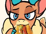  2019 anonymous_artist antlers banned_from_equestria bedroom_eyes blinking blue_antlers blue_eyes blush blush_lines capreoline chest_tuft close-up deer digital_media_(artwork) eating eyebrows eyelashes female feral fluffy food food_fetish food_in_mouth fur half-length_portrait holding_food holding_object holding_sandwich horn looking_at_viewer low_res mammal narrowed_eyes neck_tuft pixel_(artwork) portrait raised_eyebrow reindeer sandwich_(food) seductive smile solo suggestive suggestive_food tan_body tan_fur text them&#039;s_fightin&#039;_herds tuft velvet_reindeer_(tfh) video_games 