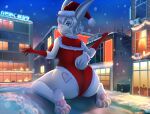  2022 anthro building butt christmas christmas_clothing christmas_headwear clothing costume digital_media_(artwork) female hat headgear headwear hi_res holidays ladnelsiya lagomorph leporid lights looking_back macro mammal rabbit santa_costume santa_hat sky snow solo street ych_result 