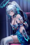  1girl absurdres armor armpit_crease bare_shoulders black_gloves blue_dress breasts bright_pupils bronya_zaychik_(herrscher_of_truth) bronya_zaychik_(herrscher_of_truth)_(cosplay) bronya_zaychik_(silverwing:_n-ex) cleavage clothing_cutout cosplay detached_collar dress drill_hair earrings embarrassed faulds gloves grey_eyes grey_hair grin hair_ornament halo hand_up highres honkai_(series) honkai_impact_3rd jewelry large_breasts long_hair looking_at_viewer multicolored_hair pink_pupils ponytail revealing_clothes revision short_dress shoulder_armor side_cutout sidelocks sitting smile solo soy_chicken stomach_cutout strapless strapless_dress sweatdrop thighhighs thighs two-tone_hair v-shaped_eyebrows very_long_hair white_thighhighs zettai_ryouiki 