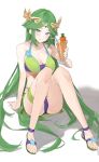  1girl absurdres alternate_costume bangs belt_collar bikini blue_flower blush breasts carrot collar commentary_request commission cosplay cropped crossover cup drink drinking_straw eunie_(xenoblade) eunie_(xenoblade)_(cosplay) feet flower forehead_jewel full_body gem green_belt green_bikini green_eyes green_hair highres holding holding_cup holding_drink kid_icarus large_breasts laurel_crown legs long_hair looking_at_viewer mia_cbx navel palutena purple_bikini red_gemstone sandals sarong simple_background sitting skeb_commission smile solo swimsuit tiara toenails toes two-tone_bikini very_long_hair wet xenoblade_chronicles_(series) xenoblade_chronicles_3 yellow_gemstone 
