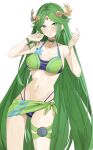  1girl absurdres alternate_costume bangs belt_collar bikini blue_flower blush breasts collar commentary_request commission cosplay cropped crossover eunie_(xenoblade) eunie_(xenoblade)_(cosplay) feet_out_of_frame flower forehead_jewel green_belt green_bikini green_eyes green_hair hands_up highres jewelry kid_icarus large_breasts laurel_crown legs long_hair looking_at_viewer mia_cbx navel palutena parted_lips purple_bikini sarong simple_background skeb_commission smile solo swimsuit tiara toes two-tone_bikini very_long_hair wet xenoblade_chronicles_(series) xenoblade_chronicles_3 