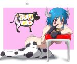  1girl animal_print bell bevel_hamana black_gloves blue_hair blush breasts chair closed_mouth cow_girl cow_horns cow_print cow_tail cowbell fang gloves horns jashin-chan_dropkick large_breasts looking_at_viewer minos_(jashin-chan_dropkick) pink_background red_eyes shiny shiny_hair short_hair simple_background solo tail thighhighs white_background 