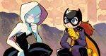  2girls absurdres batgirl blue_eyes brown_hair dc_comics highres marvel medium_hair meme multiple_girls rariatto_(ganguri) solo spider-gwen squatting 