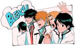  5boys asano_keigo black_hair bleach brown_eyes brown_hair collared_shirt copyright_name green_shirt hair_over_eyes holding ishida_uryuu kanoya_akr kojima_mizuiro lips looking_at_viewer male_focus multiple_boys open_mouth parted_lips red_shirt sado_yasutora school_uniform shirt teeth upper_teeth 