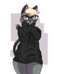  absurd_res animal_crossing anthro blonde_hair clothed clothing digital_media_(artwork) domestic_cat eyewear felid feline felis fur girly glasses grey_body grey_fur hair heterochromia hi_res looking_at_viewer male mammal nintendo raymond_(animal_crossing) rodd.y simple_background solo thick_thighs video_games wide_hips 