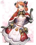 1girl annette_fantine_dominic bandana blue_eyes breasts cape christmas cleavage dress fire_emblem fire_emblem:_three_houses fire_emblem_heroes fire_emblem_warriors:_three_hopes gloves green_ribbon highres mistletoe_hair_ornament neck_ribbon official_alternate_costume official_alternate_hairstyle open_mouth orange_hair red_cape red_dress ribbon small_breasts smile smkittykat solo teeth upper_teeth watermark white_dress wrist_guards 