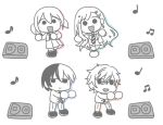  2boys 2girls :d aileen_(xaitrx) aoyagi_touya azusawa_kohane beamed_eighth_notes blazer bocchi_the_rock! chibi commentary dancing eighth_note hair_ornament jacket kamiyama_high_school_uniform_(project_sekai) miyamasuzaka_girls&#039;_academy_uniform multicolored_hair multiple_boys multiple_girls musical_note necktie open_mouth pants project_sekai school_uniform serafuku shinonome_akito shiraishi_an simple_background smile speaker split-color_hair star_(symbol) star_hair_ornament twintails vivid_bad_squad_(project_sekai) white_background 