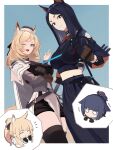  4girls absurdres animal_ears arknights blank_eyes blemishine_(arknights) blonde_hair blue_eyes breasts brown_eyes brown_gloves cape cat_ears collar dobermann_(arknights) dog_ears gloves hat highres holding holding_whip horse_ears horse_tail jessica_(arknights) large_breasts long_hair midriff mikai_2035 mole mole_under_eye multiple_girls one_eye_closed open_mouth ponytail smile studded_collar sword tail thighhighs weapon whip whislash_(arknights) 