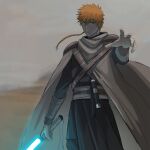  1boy absurdres asure_(asure_twi) black_cloak bleach brown_eyes cloak crossover english_commentary highres holding holding_lightsaber kurosaki_ichigo long_sleeves looking_at_viewer male_focus orange_hair outdoors short_hair short_hair_with_long_locks spiked_hair standing star_wars 