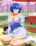  1girl ahoge bangs blue_hair blue_kimono blunt_bangs blush breasts cherry_blossoms cleavage collarbone eyepatch floral_print grass green_eyes hanami ikkitousen japanese_clothes kimono large_breasts leaning_to_the_side mole mole_under_mouth naked_kimono no_bra off_shoulder open_mouth print_kimono ryomou_shimei shiny shiny_hair short_hair short_kimono sitting socks solo spring_(season) steam white_socks 