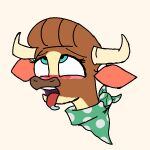  2019 2_horns ahegao anonymous_artist black_outline blue_eyes blush bodily_fluids bovid bovid_horn bovine brown_body brown_fur brown_hair brown_nose bust_portrait cattle digital_media_(artwork) drooling eye_roll female feral flat_colors fur green_kerchief green_neckerchief hair hair_bun hereford_cattle horn kerchief looking_pleasured madison_(tfh) mammal multicolored_body multicolored_fur neckerchief open_mouth outline pattern_kerchief pattern_neckerchief pixel_(artwork) portrait saliva saliva_on_tongue simple_background solo spotted_kerchief spotted_neckerchief them&#039;s_fightin&#039;_herds tongue tongue_out two_tone_body two_tone_face two_tone_fur white_background 