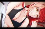  1girl black_border black_bra border bra breasts chainsaw_man cleavage closed_mouth collarbone commentary_request hajemashita_atm highres letterboxed light_smile long_hair looking_at_viewer makima_(chainsaw_man) medium_breasts orange_eyes partial_commentary red_hair shiny shiny_hair solo straight_hair underwear upper_body 