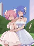  2girls absurdres archived_source arm_around_shoulder arm_grab bare_shoulders bell belt blue_dress blue_hair blue_sky blush breasts cleavage cow_horns cow_tail cross cross_necklace day dress english_commentary fang hair_ribbon hedge highres horn_ornament horn_ribbon horns jashin-chan_dropkick jewelry large_breasts looking_at_viewer minos_(jashin-chan_dropkick) minos_drawfag multiple_girls neck_bell necklace obelisk open_mouth outdoors pink_eyes pink_hair pino_(jashin-chan_dropkick) ribbon sky tail tearing_up tears white_dress white_ribbon yuri 