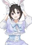  1girl :d animal_ears antenna_hair bangs black_eyes black_hair blue_bow blue_bowtie blue_dress blush bow bowtie commentary dress fake_animal_ears fur_trim gloves hair_between_eyes head_tilt heart idolmaster idolmaster_(classic) idolmaster_2 idolmaster_million_live! idolmaster_million_live!_theater_days kikuchi_makoto looking_at_viewer mogskg open_mouth pom_pom_(clothes) puffy_short_sleeves puffy_sleeves purple_dress rabbit_ears short_hair short_sleeves simple_background smile solo upper_body white_background white_dress white_fur white_gloves 