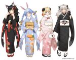  4girls ahoge alternate_costume animal_bag animal_ear_fluff animal_ears bag bangs bell black_footwear black_gloves black_hair black_kimono black_ribbon blonde_hair blue_eyes blue_hair blush bow braid brooch carrot_hair_ornament checkered_sash closed_mouth commentary don-chan_(usada_pekora) floral_print food-themed_hair_ornament french_braid full_body fur_scarf gem geta gloves grey_hair hair_ornament hair_ribbon hairclip handbag head_tilt highres holding holding_bag hololive horns japanese_clothes jewelry kimono lace lace_gloves licking_lips light_blue_hair lion_ears lion_girl lion_tail looking_at_viewer multicolored_hair multiple_girls obiage obijime official_art okobo ol_mahonanoka one_eye_closed ookami_mio open_mouth orange_eyes own_hands_together platform_footwear ponytail rabbit_ears rabbit_girl red_bow red_eyes red_footwear red_gemstone red_hair ribbon sheep_ears sheep_girl sheep_horns shishiro_botan sidelocks simple_background smile standing streaked_hair swept_bangs tabi tail tassel tassel_hair_ornament thick_eyebrows tongue tongue_out tsunomaki_watame twin_braids twintails two-tone_hair usada_pekora virtual_youtuber watermark wavy_hair white_background white_hair wide_sleeves wolf_ears wolf_girl yellow_footwear yukata 