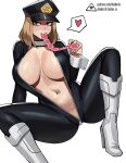  1girl arm_support artist_logo black_bodysuit black_headwear bodysuit boku_no_hero_academia boots breasts come_hither commentary condom condom_wrapper donburi_(donburikazoku) female_pubic_hair hat heart high_heel_boots high_heels highres holding holding_condom large_breasts looking_at_viewer medium_hair mouth_hold navel open_bodysuit patreon_username peaked_cap pubic_hair pubic_hair_peek sitting solo spoken_heart spread_legs unzipped utsushimi_kemii watermark web_address wet white_footwear zipper_pull_tab 
