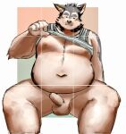  2022 anthro balls belly big_belly blush canid canine canis clothed clothing clothing_lift domestic_dog erection foreskin genitals kemono male mammal moobs navel nipples overweight overweight_male penis shirt shirt_lift sitting solo sur12ta_(artist) topwear 