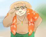  2022 anthro bear belly bottomwear brown_body clothed clothing eyewear glasses hat headgear headwear hi_res inunoshippo kemono lifewonders male mammal moobs open_clothing open_shirt open_topwear overweight overweight_male shirt shorts solo straw_hat tokyo_afterschool_summoners topwear video_games volos 