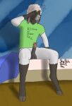  absurd_res anthro balls bed bovid caprine clothing fluie fur furniture genitals hi_res hooves male mammal sheep shepeh shirt solo t-shirt tired topwear wool_(fur) 