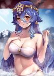  1girl absurdres azumane_kanna bandeau bangs bare_arms bare_shoulders bikini blue_hair blue_sky breasts brown_eyes circlet cleavage commentary_request covered_nipples day genshin_impact hair_between_eyes highres large_breasts layla_(genshin_impact) long_hair looking_at_viewer mountain navel sidelocks sky solo steam stomach strapless strapless_bikini swimsuit tube_top upper_body very_long_hair water white_bikini 