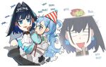  2girls bangs blue_eyes blue_hair bow bow_earrings carrying carrying_person detached_sleeves earrings english_text eus_ing feeding fork hair_intakes hair_ornament hat headband hololive hololive_english hololive_indonesia jacket jewelry kobo_kanaeru long_hair long_sleeves multicolored_hair multiple_girls ouro_kronii party_hat short_hair virtual_youtuber white_background white_hair 