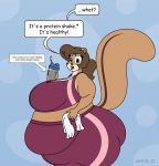  &copy; 2022 anthro belly big_belly big_breasts big_butt bodily_fluids bottomwear breasts brown_eyes brown_hair butt chipmunk clothing container cup digital_media_(artwork) english_text female ground_squirrel hair hi_res huge_breasts huge_thighs mammal obese obese_anthro obese_female open_mouth overweight overweight_anthro overweight_female pants protein_shake rodent satsumalord sciurid solo speech_bubble sweat symbol terry_(satsumalord) text thick_thighs topwear towel workout_clothing 