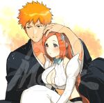  1boy 1girl bleach bleach:_the_thousand-year_blood_war brown_eyes couple feet_out_of_frame hand_on_another&#039;s_head hetero inoue_orihime japanese_clothes juliet_sleeves kurosaki_ichigo long_sleeves merick midriff orange_hair puffy_sleeves short_hair sitting spiked_hair watermark wide_sleeves 